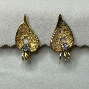 Vintage West Germany Gold Tone AB Rhinestone Clip On Earrings leaf shape